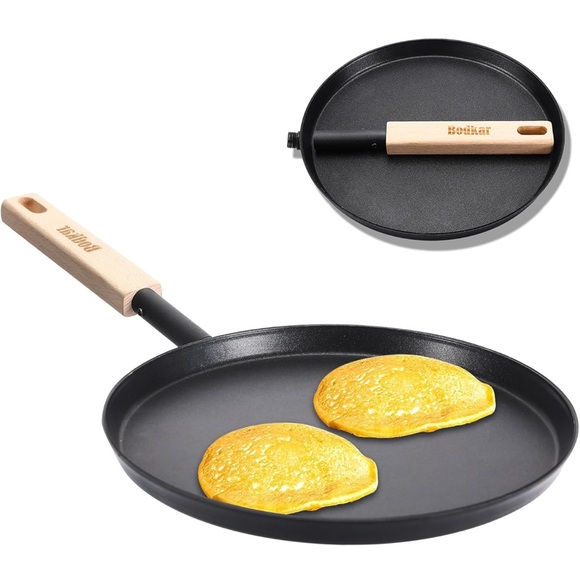 NWT Frying Pan Skillet 8-inch Flat Griddle Pan, Lightweight Pan w/Wooden Handle - Picture 2 of 10